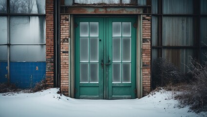 Fototapete - Picture of frosted glass doors with snow cover on an industrial building composed of brick and metal, vegetation visible on the right under a cloudy winter atmosphere.