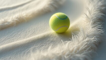 Poster - Close-up of a white, soft, and textured fabric background featuring a poker table, a tennis ball, and a tablecloth.