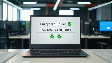 Poster - Encrypted upload, tax deal compliance, laptop, office, technology, secure tax deal compliance