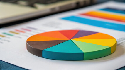 Poster - Colorful pie chart on report with graphs and laptop in background, showcasing data analysis. tax deal compliance