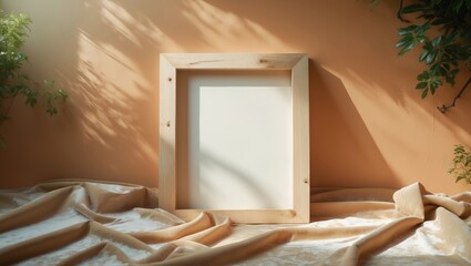 Poster - Mockup of a blank wooden frame on a beige wall with dappled light filtering through leaves, displaying artworks.