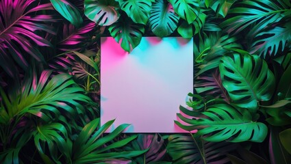 Poster - Layout of leaves in fluorescent colors. Flat lay with neon tones. Concept related to nature.