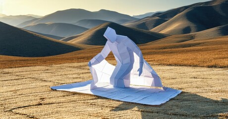 Poster - Paper figure sits landscape, mimicking human form. Rolling hills backdrop creates surreal scene. Light emphasizes texture, contrast.