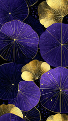 Wall Mural - Purple and gold lotus leaves pattern, dark background, nature design, ideal for wallpaper or textile print