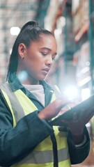 Poster - Woman, tablet and shelf at warehouse for inspection, stock check and inventory management at plant. Person, digital touchscreen and app with counting, distribution and logistics for supply chain job