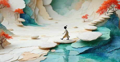 Poster - Papercraft landscape depicts small figure crossing water using stones. Mountains, trees create whimsical scene. Peaceful, serene imagery.