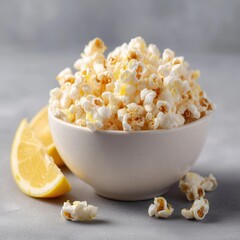 Poster - Lemon-flavored popcorn in a bowl, offering a unique sweet and sour flavor for a refreshing snack. Sweet and zesty homemade recipe.