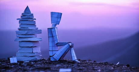 Poster - Stone stack, origami figure. Peaceful scene, purple sky. Mountains distant, quiet contemplation. Minimalist composition, serene mood.
