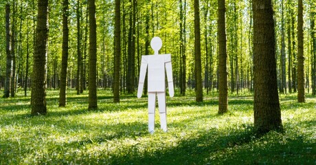 Aufkleber - Forest scene features white human figure amidst tall trees, lush green grass. Sunlight filters through foliage creating shadows. Peaceful outdoor setting.