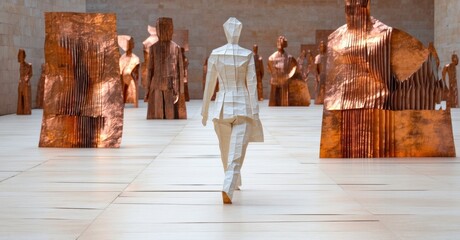 Aufkleber - Gallery displays numerous human figures. Geometric white sculpture walks toward viewer. Warm tones dominate space, creating artistic atmosphere.