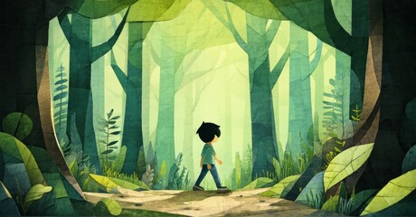 Aufkleber - Boy walks path through dense forest. Light filters between tall trees, creating serene atmosphere. Green hues dominate scene.