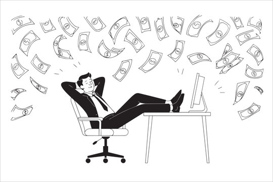 Businessman Relaxing with Money Falling from Sky