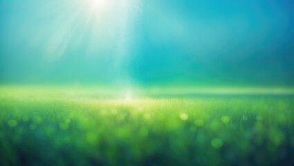 Poster - Earth Day Idea with Blurred Beautiful Soft Green Bokeh Lighting on a Meadow Against a Blue Sky