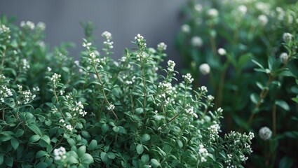 Poster - A flourishing thyme plant adorned with delicate white blossoms, flourishing in a garden by a metal fence. This fragrant herb is favored for culinary purposes, herbal treatments, and drawing in