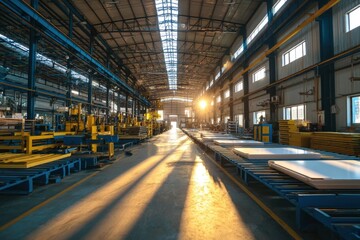 Poster - sustainable building materials,A spacious industrial factory interior with sunlight streaming through windows, illuminating machinery and stacked materials.