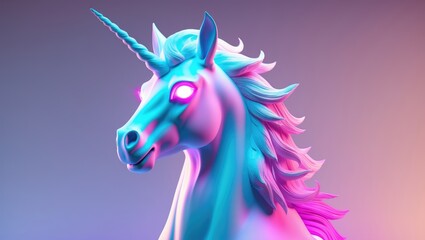 Poster - White unicorn head adorned with bold pink and blue neon hues against a gradient background. Minimalist art concept.