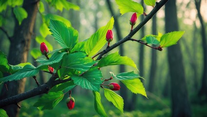 Poster - Brightly colored flowers and green leaves on tree branches in a natural forest environment