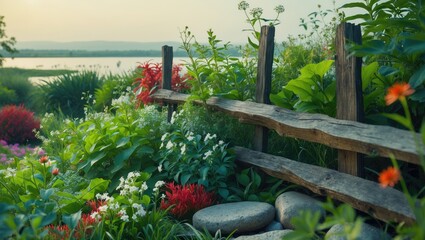 Poster - a vibrant garden abundant with colorful plants and flowers, bordered by a rustic wooden fence.