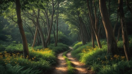 Poster - beautiful forest path amidst green trees and sunlight