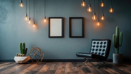 Poster - Textured wood laminate flooring with a cactus and leather chair, highlighted by a modern separator pendant lamp on the wall