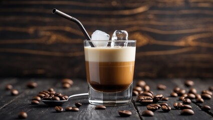 Poster - A petite glass filled with coffee and complemented by milk, ice, a metallic straw, and splashes. A spoon with coffee beans nearby. Set against a dark wooden background. Focused on the glass's front.