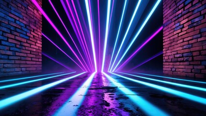Aufkleber - Rays of neon light shining on brick wall and wet asphalt in a deserted area with space for captions