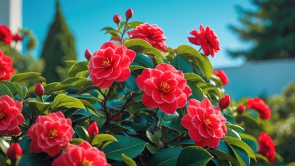 Poster - Detailed View of Bright Red Blooms in a Sunlit Garden Surrounded by Lush Green Foliage