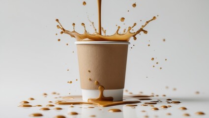 Poster - Isolated white background featuring a paper cup with coffee foam splash