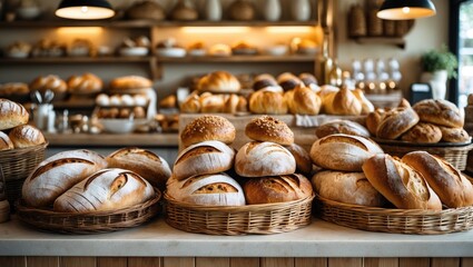 Poster - Various types of bread are available on the counter in the bakery.