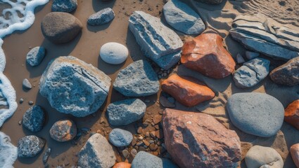 Poster - Beach scene with sea waves impacting rocks and a rocky background