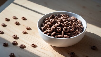 Poster - Healthy breakfast concept featuring chocolate breakfast cereal in a white bowl on a wooden table, shot from above with copy space.