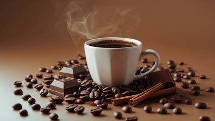 Poster - Hot chocolate in a cup alongside spices and coffee beans placed on the table.