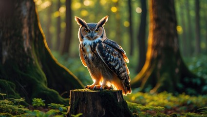 a tree stump in the forest with an eurasian eagle owl resting