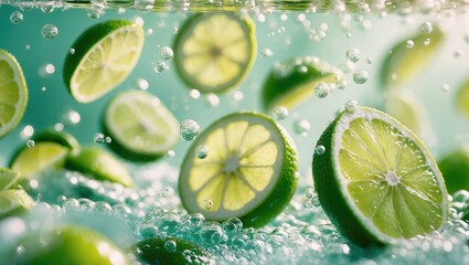 Poster - Lime wedges falling into clear water with bubbles.