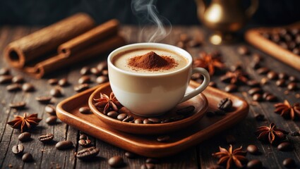 Poster - Coffee cup with milk against a dark backdrop.