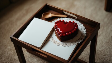 Poster - Unfilled books accompanied by heart-shaped glazed cake in a wooden dish