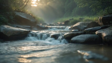 Wall Mural - serene and calm natural backdrop of a stunning river flow passing through natural waterfalls and moi