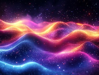 Poster - Luminous cosmic waves and particles creating an ethereal landscape