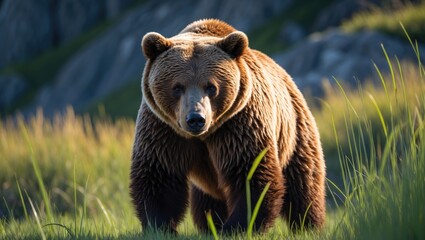 alaskan brown bear stops in the sedge grass
