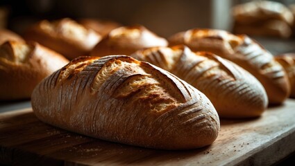 Poster - Round bread close-up view. Freshly baked golden crust sourdough. Bakery products.
