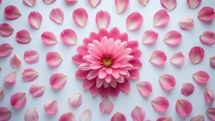 Aufkleber - Top view of pink petals from sakura blossoms scattered on a white background with a floral round pattern, symbolizing spring and natural beauty.