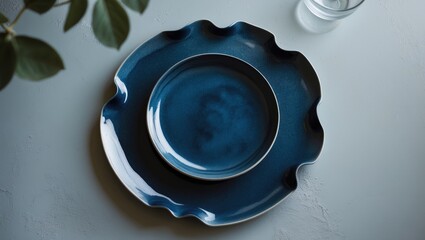 Poster - Aerial view of eco-friendly artisanal ceramic dinnerware providing space for text and design, flat lay of a bare clay plate, cutlery, and table settings, minimalistic design in ceramics