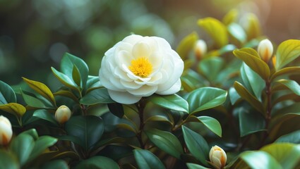 Poster - Stunning white camellia flower flourishing among vibrant green leaves.