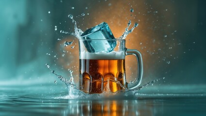 Poster - Beer mug with foam and spray on a scenic background