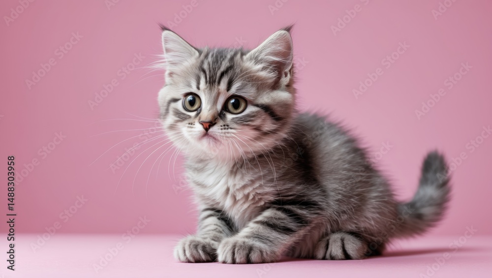 Adorable inquisitive kitten, perched sideways. Gazing at the camera with an endearing head tilt. Set against a pink backdrop.