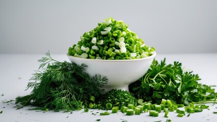 Poster - Health vitamins showcased with chopped green onions, parsley, and dill on a white backdrop