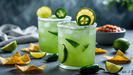 Poster - Salted rim margarita served iced with jalapenos and limes