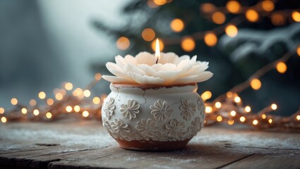Aufkleber - Beautiful white floral candle nestled in a textured holder, illuminated by warm holiday lights with a festive background