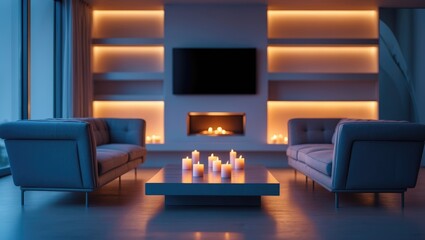 Aufkleber - Contemporary living room with a blurred backdrop showcasing a plush gray sectional sofa, elegant marble fireplace, and inviting ambient lighting for a cozy feel.