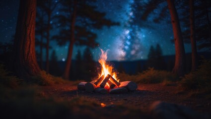 Aufkleber - Soft-focus view of a comfortable campsite surrounded by dense woods, showcasing a glowing campfire beneath a star-filled sky.